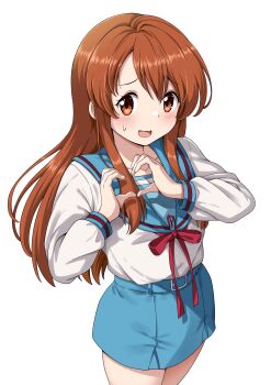 Rule 34 | 1girl, :d, asahina mikuru, blue sailor collar, blue skirt, blush, collarbone, heart, heart hands, highres, kita high school uniform, long hair, open mouth, orange eyes, orange hair, pleated skirt, red ribbon, ribbon, sailor collar, school uniform, serafuku, simple background, skirt, smile, solo, standing, sutemeto, suzumiya haruhi no yuuutsu, sweatdrop, thighs, white background, winter uniform