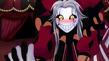 blush circus clown colored_skin horror_(theme) looking_at_viewer pierrot_(the_freak_circus) scary_face smile teeth the_freak_circus visual_novel white_skin yellow_eyes