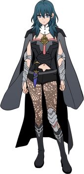 Rule 34 | 1girl, 987645321o, armor, black armor, black boots, black shorts, blue eyes, blue hair, bodice, boots, breasts, bustier, cape, closed mouth, clothing cutout, dagger, female byleth (fire emblem), fire emblem, fire emblem: three houses, full body, hair between eyes, hashtag-only commentary, highres, knife, lace, lace pantyhose, long hair, looking at viewer, medium hair, navel, navel cutout, nintendo, pantyhose, pantyhose under shorts, patterned legwear, shorts, simple background, solo, vambraces, weapon, white background