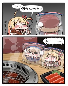 2girls bag blonde_hair brown_hair chibi commentary_request crying drooling food green_eyes highres hololive indie_virtual_youtuber instant_loss kakue_gaku meat multiple_girls otonose_kanade otonose_kanade_(1st_costume) plastic_bag regloss_(hololive) shigure_ui_(1st_costume)_(vtuber) shigure_ui_(vtuber) smug translation_request yakiniku ziploc_bag