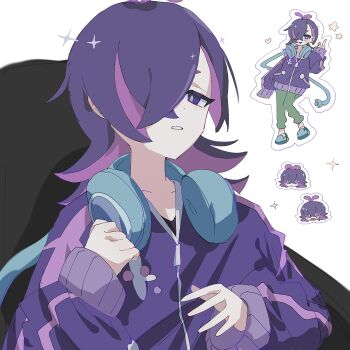 black_hair blush closed_mouth dot_(pokemon) hair_ornament hair_over_eyes hair_over_one_eye headphones headphones_around_neck highres jacket long_hair long_sleeves multicolored_hair multiple_girls nintendo open_mouth pants pink_hair pokemon pokemon_(anime) pokemon_horizons purple_eyes purple_hair purple_jacket seiun_(hoshigumo_72) shirt sitting smile