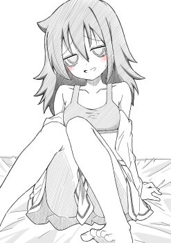 1girl azuminonomizua bags_under_eyes collarbone feet foot_out_of_frame grin hair_between_eyes highres knees_together_feet_apart kuroki_tomoko light_blush lineart looking_at_viewer medium_hair monochrome on_bed open_clothes open_shirt shirt sidelocks simple_background sitting skirt smile solo tank_top toes watashi_ga_motenai_no_wa_dou_kangaetemo_omaera_ga_warui! white_background