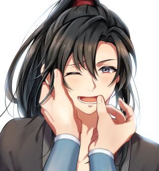 2boys aslle bishounen black_hair black_hanfu blush chinese_clothes commentary_request finger_to_another's_mouth grey_eyes hair_between_eyes hand_on_another's_cheek hand_on_another's_face hanfu high_ponytail lan_wangji long_hair long_sleeves looking_at_viewer male_focus modao_zushi multiple_boys one_eye_closed open_mouth out_of_frame ponytail pov pov_hands simple_background smile solo_focus upper_body wei_wuxian white_background yaoi
