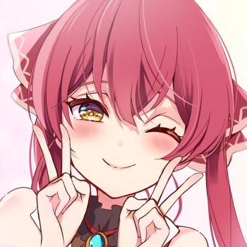 1girl bare_shoulders blush closed_mouth double_v highres hololive houshou_marine houshou_marine_(1st_costume) long_hair one_eye_closed red_hair seikosda simple_background smile solo twintails upper_body v virtual_youtuber white_background yellow_eyes