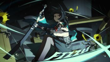 1girl :/ absurdres animal_ear_fluff animal_ears aqua_jacket arm_out_of_sleeve belt black_hair black_necktie black_pantyhose black_skirt blunt_bangs breasts closed_mouth commentary_request ethereal_(zenless_zone_zero) feet_out_of_frame fingerless_gloves fox_ears fox_girl gauntlets gloves high-waist_skirt highres holding holding_sword holding_weapon hoshimi_miyabi indoors jacket katana long_hair looking_to_the_side medium_breasts motion_blur necktie omenstar on_one_knee pantyhose red_eyes sheath shirt shirt_tucked_in single_fingerless_glove single_gauntlet skirt slashing solo_focus sound_effects sword weapon white_shirt zenless_zone_zero