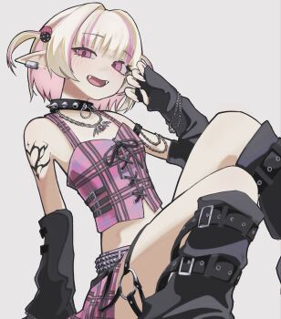 1girl arm_strap bare_shoulders belt black_arm_warmers black_belt black_collar black_leg_warmers black_straps blunt_bangs blush chain chain_bracelet chain_necklace collar colored_inner_hair crop_top cross-laced_clothes cross-laced_top earclip fangs feet_out_of_frame from_below grey_background grey_hair hair_bobbles hair_intakes hair_ornament hand_up hashtag-only_commentary heart heart_tattoo highres jewelry knees_up leg_belt leg_warmers looking_at_viewer makaino_ririmu makaino_ririmu_(6th_costume) midriff miniskirt multicolored_hair multiple_belts necklace nijisanji no_headwear no_jacket o-ring o-ring_collar o-ring_thigh_strap pendant pink_hair pink_skirt pink_streaks plaid_clothes plaid_skirt pleated_skirt pointy_ears red_eyes short_hair shoulder_tattoo simple_background sitting skirt sleeveless solo spiked_collar spikes streaked_hair studded_belt tattoo thigh_strap timotimo two-tone_hair two_side_up virtual_youtuber wolf_cut zipper_top