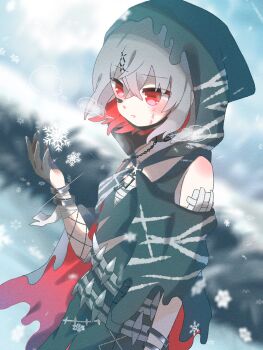 1girl bandaged_arm bandaged_chest bandages bandaid bandaid_on_face black_choker black_cloak black_dress black_hood black_mask bracelet choker cloak colored_inner_hair commentary_request dress gloves grey_hair hair_ornament half_gloves highres jewelry magical_girl mahou_shoujo_no_majo_saiban multicolored_hair otomebakudan parted_lips red_eyes shito_alisa short_hair snow snowflakes solo stitched_face stitches x_hair_ornament