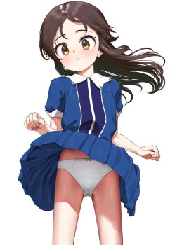 1girl blue_shirt blue_skirt blush brown_hair cameltoe commentary_request floating_hair highres idolmaster idolmaster_cinderella_girls loli long_hair looking_at_viewer panties pantyshot pettan_p pleated_skirt shirt short_sleeves skirt solo stomach tachibana_arisu underwear variant_set very_long_hair white_panties wind wind_lift yellow_eyes