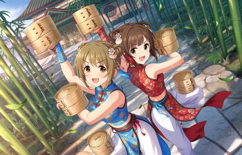 2girls architecture back-to-back balancing bamboo brown_eyes brown_hair building chinese_clothes double_bun east_asian_architecture game_cg green_eyes hair_bun holding idolmaster idolmaster_cinderella_girls idolmaster_cinderella_girls_starlight_stage leaf maekawa_miku mimura_kanako multiple_girls official_art open_mouth pants path road