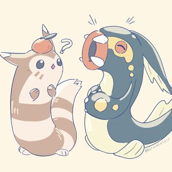 ? artist_name brown_fur eelektross food food_on_head fruit furret gen_2_pokemon gen_5_pokemon murase_(muraselelait) nintendo no_humans object_on_head pokemon pokemon_(creature) simple_background two-tone_fur white_background