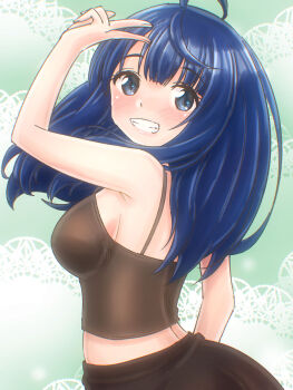 1girl bare_shoulders black_pants black_shirt blue_eyes blue_hair breasts fingernails green_background grin highres long_hair make_heroine_ga_oo_sugiru! medium_breasts oekaki_lemon pants shirt smile tank_top teeth v yanami_anna