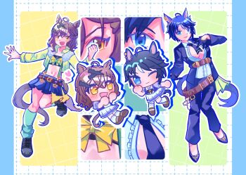 Rule 34 | 2girls, :d, ;), ahoge, animal ears, bandeau, belt, black gloves, black hair, black jacket, black necktie, black pants, black shoes, blue eyes, blue skirt, blush, bow, bowtie, braid, breasts, brown belt, brown hair, center frills, chibi, cleavage, closed mouth, collared shirt, commentary request, crossed bangs, ear ornament, ear piercing, fang, flat chest, frilled shirt, frills, fuji kiseki (shooting star revue) (umamusume), fuji kiseki (umamusume), full body, gloves, green socks, hair between eyes, hair ornament, hairclip, half up braid, high heels, horse ears, horse girl, horse tail, horseshoe ornament, jacket, jewelry, jungle pocket (champion's battle cry) (umamusume), jungle pocket (umamusume), kneehighs, large breasts, long sleeves, looking at viewer, loose socks, medium hair, midriff, multicolored hair, multiple girls, navel, necktie, notched ear, one eye closed, onion099, open clothes, open jacket, open mouth, pants, partially unbuttoned, piercing, purple bow, purple bowtie, purple shirt, sailor collar, sailor shirt, school uniform, shirt, shoes, short hair, sidelocks, skirt, smile, socks, standing, standing on one leg, summer uniform, tail, tracen school uniform, umamusume, underbust, white hair, white skirt, yellow eyes, yellow jacket, zoom layer