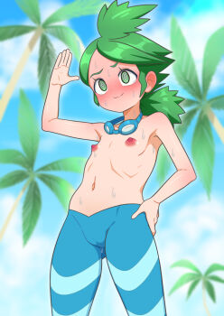 1girl @_@ blush cameltoe character_request closed_mouth embarrassed female_focus flat_chest green_eyes green_hair hand_on_own_hip kevin.g.tuck marlon_(pokemon)_(cosplay) navel nintendo nipples outdoors palm_tree petite pokemon ponytail solo standing topless_female tree wet