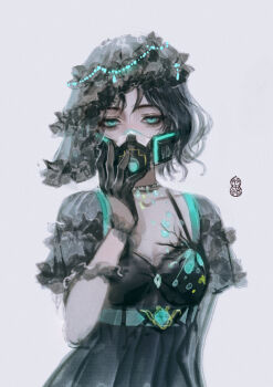 1girl absurdres aqua_belt aqua_eyes aqua_gemstone belt benthic_surge_(shining_nikki) black_dress black_gloves black_hair black_mask black_veil breasts chest_belt chinese_commentary cleavage commentary_request covered_mouth dress frilled_gloves frilled_sleeves frilled_veil frills gem gloves gold_choker grey_background half_gloves hand_on_own_face highres looking_at_viewer makeup mascara nikki_(series) pleated_dress puffy_short_sleeves puffy_sleeves realistic sasora shining_nikki short_hair short_sleeves simple_background small_breasts solo upper_body veil watermark