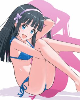 1girl bikini black_hair blue_bikini blue_eyes blunt_bangs blunt_ends breasts dothiko feet_out_of_frame hairband hashtag-only_commentary hugging_own_legs long_hair medium_breasts original side-tie_bikini_bottom smile solo swimsuit white_hairband