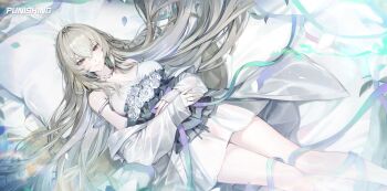 1girl absurdres armpit_crease bianca_(pgr) blonde_hair bouquet breasts bright_pupils cleavage closed_mouth collarbone commentary copyright_name crossed_bangs double_strap_slip english_commentary falling_petals feet_out_of_frame flower gradient_ribbon hair_between_eyes hair_intakes highres holding holding_bouquet jewelry large_breasts long_hair long_sleeves looking_at_viewer loose_clothes lying mole mole_under_eye nightgown off_shoulder official_art on_back petals pillow punishing:_gray_raven purple_ribbon ribbon ring shirt shirt_partially_removed sleeve_cuffs sleeves_past_wrists smile solo strap_slip very_long_hair white_flower white_nightgown white_petals white_pupils white_shirt yellow_eyes