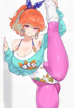 1girl absurdres blue_bow blue_hairband bluefield blush bow bow_hairband breasts cleavage commentary covered_navel crop_top earrings green_shirt hairband highleg highleg_leotard highres hololive hololive_english hoop_earrings jewelry large_breasts leg_warmers leggings leotard long_hair long_sleeves looking_at_viewer off-shoulder_shirt off_shoulder official_alternate_costume official_alternate_hairstyle orange_hair pantyhose pink_eyes pink_leggings print_shirt puffy_long_sleeves puffy_sleeves shirt simple_background smile solo split standing standing_on_one_leg standing_split star_(symbol) takanashi_kiara takanashi_kiara_(fever_night) virtual_youtuber white_background white_leg_warmers white_leotard