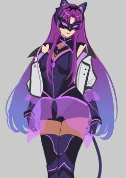 1girl absurdres animal_ear_hairband animal_ears cat_ear_hairband cat_ears claws closed_mouth commentary cosplay curtained_hair eiyuu_densetsu english_commentary eye_mask fake_animal_ears grey_background grimcats_(eiyuu_densetsu) grimcats_(eiyuu_densetsu)_(cosplay) hairband highres kuro_no_kiseki kuro_no_kiseki_(series) kuro_no_kiseki_ii long_sleeves looking_at_viewer mask parted_bangs purple_hair renne_(eiyuu_densetsu) seralalaaa shorts sidelocks simple_background smile solo