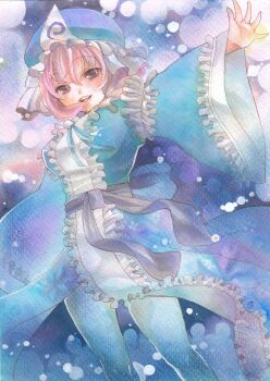 Rule 34 | 1girl, absurdres, alternate headwear, back bow, blue background, blue bow, blue hat, blue kimono, bow, breasts, center frills, chibi neko, color ink (medium), feet out of frame, frilled headwear, frilled kimono, frilled sleeves, frills, hat, highres, japanese clothes, kimono, large breasts, long sleeves, looking at viewer, marker (medium), medium hair, mob cap, open mouth, pink eyes, pink hair, saigyouji yuyuko, solo, teeth, thighs, touhou, traditional media, triangular headpiece, upper teeth only, wide sleeves