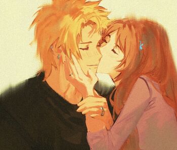 1boy 1girl black_shirt bleach brown_hair closed_eyes commentary couple earrings english_commentary hair_ornament hand_on_another's_cheek hand_on_another's_face hetero holding_another's_wrist husband_and_wife inoue_orihime jewelry kiss kissing_cheek kurosaki_ichigo light_blush light_smile long_hair origoism parted_bangs parted_lips pink_shirt ring shirt short_hair snowflake_hair_ornament upper_body wedding_ring