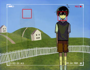 Rule 34 | 1boy, antenna hair, arms at sides, battery indicator, black eyes, black hair, black sweater vest, blue sky, brown shorts, closed mouth, collared shirt, commentary, day, double-parted bangs, english commentary, expressionless, feet out of frame, fence, hair between eyes, liminal space, looking at viewer, male focus, nill (nill), omori, outdoors, picket fence, recording, revision, shirt, short hair, short sleeves, shorts, simple background, sky, socks, solo, something (omori), standing, straight-on, sunny (omori), sweater vest, timestamp, viewfinder, white shirt, white socks, wooden fence