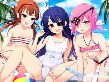 3girls ball beach beachball betterthanbone2 bikini blue_eyes blush brown_hair commentary_request eyepatch fang flat_chest flower green_eyes heterochromia kazakiri_(senran_kagura) long_hair low_twintails mirai_(senran_kagura) multiple_girls ocean official_alternate_costume one-piece_swimsuit open_mouth pink_hair ramune red_eyes ryoubi_(senran_kagura) school_swimsuit senran_kagura senran_kagura_new_link short_twintails smile striped_bikini striped_clothes sunlight swimsuit tomoe_(symbol) twintails white_one-piece_swimsuit