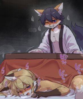 animal_ears blonde_hair blue_eyes blue_hair commentary_request fox_boy fox_ears fox_girl furry furry_female furry_male highres kotatsu lovehinba one_eye_closed original purple_eyes sex sex_from_behind table