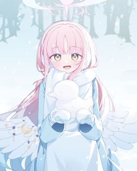 Rule 34 | 1girl, absurdres, alternate costume, angel wings, bare tree, blue archive, blue bow, blue coat, blue hair, bow, coat, commentary, crescent, earmuffs, enpera, feathered wings, gradient hair, halo, highres, holding, long hair, long sleeves, looking at viewer, low wings, mika (blue archive), mittens, multicolored hair, open mouth, outdoors, pink hair, pink halo, scarf, smile, snow, snow duck, snowing, solo, ssolchi, straight-on, symbol-only commentary, tree, upper body, very long hair, white mittens, white scarf, white wings, wing ornament, wings, winter, yellow eyes