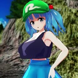 1girl 3d animated blue_eyes blue_hair bouncing_breasts breasts clothes_lift crop_top crop_top_lift flashing grabbing_own_breast hair_bobbles hair_ornament half-closed_eyes hands_on_own_hips hat highres kawashiro_nitori large_breasts lifting_own_clothes looking_at_viewer medium_hair mofumoko5 naughty_face navel nipples no_bra open_mouth outdoors presenting skirt smile solo tank_top touhou twintails upper_body video