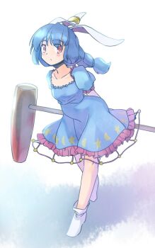 Rule 34 | 1girl, animal ears, arms behind back, blue dress, blue hair, breasts, collarbone, commentary request, dress, floppy ears, full body, holding, holding mallet, kine, knees, light blush, long hair, mallet, moon print, one-hour drawing challenge, parted lips, puffy short sleeves, puffy sleeves, rabbit ears, rabbit girl, rangycrow, red eyes, seiran (touhou), short sleeves, sideways glance, small breasts, socks, solo, star (symbol), star print, touhou, white socks