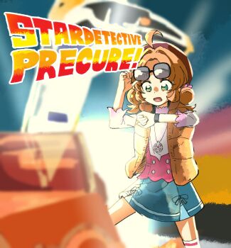 1girl ahoge akechi_anna back_to_the_future car cosplay delorean glasses highres holding holding_removed_eyewear looking_at_watch marty_mcfly marty_mcfly_(cosplay) medium_hair meitantei_precure! motor_vehicle open_mouth piku_(another_pikuru) poster_parody precure scene_reference shirt short_sleeves skirt time_machine twintails unworn_eyewear vehicle_focus vest