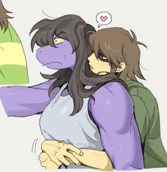 1girl 1other arms_around_waist brown_hair colored_sclera colored_skin deltarune from_side furry furry_with_non-furry heart interspecies kris_(deltarune) long_hair open_mouth profile purple_skin red_eyes short_hair simple_background spoken_heart susie_(deltarune) sweatdrop tank_top ttudolee upper_body utdr_(toby_fox) white_background white_tank_top yellow_sclera
