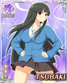 1girl black_hair black_skirt blue_sweater border breasts card_(medium) character_name closed_mouth english_text game_cg hands_on_own_hips head_tilt hime_cut large_breasts light_frown long_hair looking_at_viewer official_alternate_costume official_art panties pantyshot red_eyes senran_kagura senran_kagura_new_wave shirt skirt solo sweater tsubaki_(senran_kagura) underwear white_shirt wind wind_lift