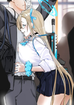 1boy 1girl absurdres assault_rifle asuna_(blue_archive) asuna_(school_uniform)_(blue_archive) bag black_hair blonde_hair blue_archive blue_bow blue_bowtie blue_eyes blue_halo blue_ribbon blue_scrunchie blue_skirt blush bow bowtie breasts bullpup bus_interior button_gap choker commentary doodle_sensei_(blue_archive) eudetenis famas grey_jacket grey_pants grin gun hair_over_one_eye hair_ribbon halo highres hug jacket large_breasts long_hair looking_at_another pants paper_on_head pleated_skirt ribbon rifle scrunchie sensei_(blue_archive) short_hair shoulder_bag skirt smile sweat thighs very_long_hair weapon wrist_scrunchie