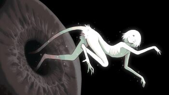 1girl androgynous animal_feet bad_link black_background colored_skin eyeball highres hole jejejunum monster_girl original ribs secret_(jejejunum) skinny solid_circle_eyes solo sparkle spirit tail white_fur white_hair white_skin white_tail