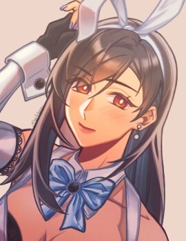 Rule 34 | 1girl, animal ears, bare shoulders, black gloves, black hair, blue bow, blue bowtie, blue nails, blush, bow, bowtie, breasts, closed mouth, collar, collarbone, commentary, detached collar, detached sleeves, earrings, final fantasy, final fantasy vii, final fantasy vii: ever crisis, fingerless gloves, gloves, grey background, hair behind ear, hairband, hand up, highres, jewelry, lips, long hair, looking at viewer, medium breasts, nail polish, official alternate costume, pink lips, rabbit ears, red eyes, seilidare, single sidelock, solo, swept bangs, symbol-only commentary, tifa lockhart, tifa lockhart (bunny bustier), twitter username, upper body, white collar, white hairband, white sleeves, wrist cuffs