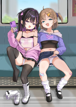 2girls bare_shoulders black_bra black_choker black_hair black_shoes black_thighhighs blue_eyes bra bra_peek breasts brown_hair cellphone choker clothes_lift crop_top fang flashing hair_ornament hair_ribbon highres holding indoors iphone lifting_own_clothes loli mesugaki microskirt multicolored_hair multiple_girls navel one_side_up original panties phone pink_ribbon purple_eyes purple_hair ribbon shoes sitting skirt skirt_lift small_breasts smartphone socks spaghetti_strap strap_slip thighhighs train_interior two-tone_hair underboob underwear white_panties white_socks zaxwu