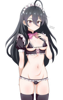 1girl absurdres ahoge audirenze bikini black_bikini black_hair black_shrug black_thighhighs bow breasts cameltoe frilled_bikini frills gluteal_fold highres kimishima_ayano long_hair looking_at_viewer maid maid_bikini navel pink_bow purple_eyes shrug_(clothing) simple_background small_breasts solo swimsuit thighhighs tokidoki_bosotto_roshia-go_de_dereru_tonari_no_alya-san unconventional_maid white_background