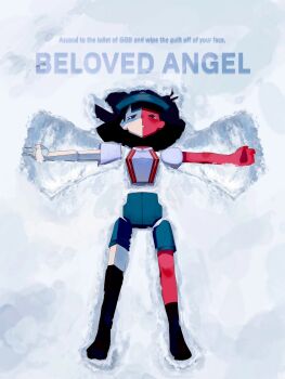 1girl black_eyes black_hair blunt_bangs colored_skin ena:_dream_bbq ena_(dream_bbq) ena_(series) ena_(species) hat highres ikitakawa low_poly multicolored_skin red_skin salesperson_ena shirt short_sleeves split-color_skin two-tone_skin white_shirt