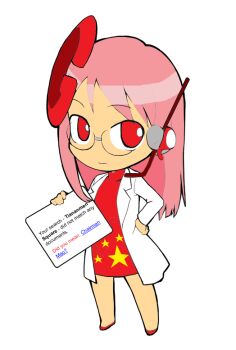 1girl chibi chibi_only china dress english_text female_focus flat_chest full_body glasses google google-tan hand_on_own_hip headset lab_coat liar lies light_smile looking_at_viewer parody people's_republic_of_china_flag pink_hair politics red_dress red_eyes red_footwear simple_background solo standing white_background