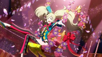 Rule 34 | 1girl, artist request, black pants, blonde hair, blue hat, blue jacket, blue shoes, chair, circus, clenched hand, commentary, english commentary, feet out of frame, flower, game cg, gloves, green eyes, hat, highres, indoors, jacket, long hair, looking at viewer, magician, magilou (tales), magilou (tales) (magician), mini hat, mini top hat, multicolored pants, navel, official alternate costume, official art, one eye closed, open mouth, pants, petals, pink pants, pink ribbon, pointy ears, reaching, reaching towards viewer, ribbon, shoes, sitting, smile, solo, tales of (series), tales of berseria, tales of crestoria, third-party source, top hat, white gloves