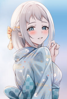 1girl absurdres alternate_costume blue_eyes blush braid commentary_request floral_print gakuen_idolmaster grey_hair grey_kimono hair_ribbon half_up_braid highres idolmaster japanese_clothes katsuragi_lilja kimono looking_at_viewer looking_to_the_side obi ribbon ribbon_braid sash smile solo upper_body yellow_ribbon yuzuyu_(hyui)