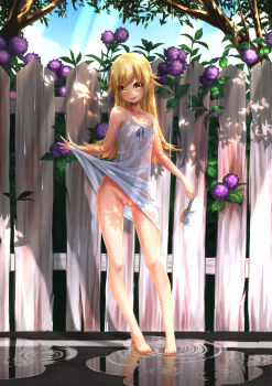 1girl :d against_fence bai_linqin bakemonogatari bandaid bandaid_on_pussy bare_arms bare_legs bare_shoulders barefoot black_ribbon blonde_hair blue_sky blush breasts bush censored clothes_lift day dress dress_lift feet female_focus fence flower full_body groin highres holding holding_shoes holding_unworn_clothes hydrangea kodansha light light_rays loli long_hair maebari monogatari_(series) no_panties open_mouth oshino_shinobu outdoors plant pointy_ears pussy revision ribbon see-through_clothes shade shoes sky sleeveless sleeveless_dress small_breasts smile solo spaghetti_strap standing standing_on_liquid strap_slip sundress sunlight tree uncensored unworn_shoes water water_drop wet wet_clothes wet_dress white_dress white_shoes yellow_eyes