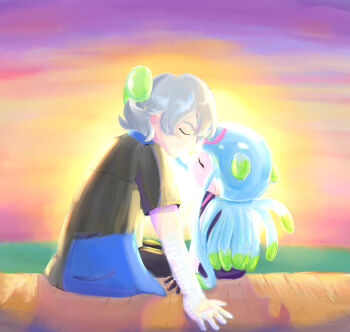 Rule 34 | bandaged arm, bandages, blue eyes, couple, digimon, digimon (creature), digimon ghost game, higashimitarai kiyoshiro, highres, jellyfish girl, jellymon, kiss, monster girl, seijeri, short hair, tentacle hair, tentacles, white hair