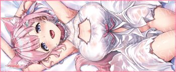 Rule 34 | 1girl, animal cutout, animal ear fluff, animal ears, antenna hair, armpits, arms up, blush, border, braid, breasts, choker, cleavage cutout, clothing cutout, commentary request, extra ears, fang, frilled choker, frills, groin, hair ornament, hair ribbon, hairclip, hakui koyori, hakui koyori (summer), hololive, large breasts, looking at viewer, lying, medium hair, muneshiro (hitsuji kikaku), nightgown, on back, open mouth, pink border, pink choker, pink hair, pink ribbon, purple eyes, ribbon, sample watermark, smile, solo, tail, teeth, thighs, tongue, tongue out, two-tone choker, upper teeth only, uvula, virtual youtuber, watermark, white choker, white nightgown, wolf ears, wolf girl, wolf tail