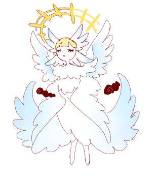 1girl blonde_hair blunt_bangs closed_eyes colored_skin dynamax fakemon female_focus full_body gigantamax halo muguet nintendo open_mouth original pokemon short_hair simple_background sketch smoke solo white_background white_skin wings