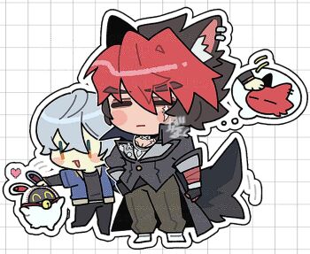 2boys animal_ear_piercing animal_ears bangboo_(zenless_zone_zero) black_hair black_jacket blue_jacket commentary_request dog_boy dog_tail gogogalar grey_hair jacket komano_manato male_focus multicolored_hair multiple_boys piercing red_hair shirt size_difference tail tail_wagging white_shirt wise_(zenless_zone_zero) zenless_zone_zero