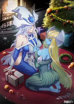 2girls adapted_costume artist_name bare_shoulders barefoot blue_skin breasts christmas_tree clothing_cutout colored_skin commentary dress english_commentary fireplace full_body grey_hair hat highres hip_vent large_breasts long_hair long_sleeves mibry_(phrysm) multiple_girls mystical_elf own_hands_together pointy_ears ribbed_sweater silent_magician sweater yu-gi-oh!