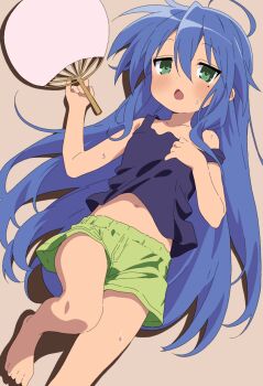 Rule 34 | 1girl, ahoge, bare legs, bare shoulders, barefoot, blue hair, blue tank top, blush, collarbone, commentary, feet, flat chest, green eyes, green shorts, hand fan, highres, holding, hot, izumi konata, kyoto animation, long hair, looking at viewer, lucky star, lying, midriff, midriff peek, mole, mole under eye, navel, nekokawa isugi, on back, open mouth, paper fan, shirt, shorts, simple background, solo, sweat, sweatdrop, tank top, uchiwa, very long hair