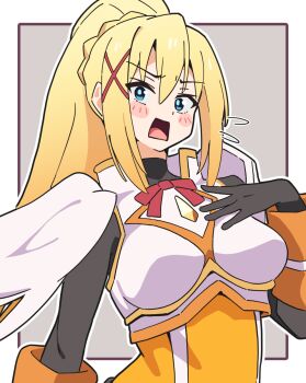 blonde_hair blue_eyes blush commentary_request darkness_(konosuba) gloves hair_ornament highres kono_subarashii_sekai_ni_shukufuku_wo! long_hair noyama_takenoko open_mouth ribbon wings x_hair_ornament